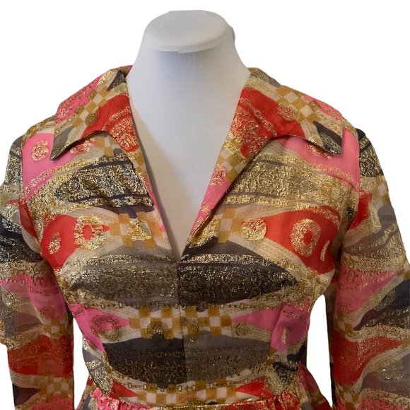 THE FIRECRACKER: 1960s Vintage Mod Knee-Length Chiffon Hostess Dress Gold Lamé - Picture 2 of 7